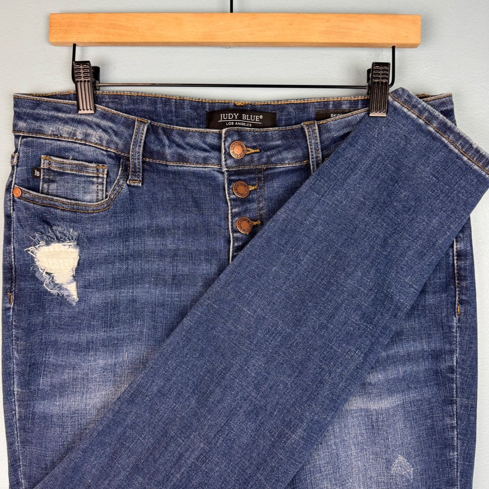 Judy Blue Skinny Fit Jeans Womens 15 32 Blue Distressed Button Fly Stretch Denim